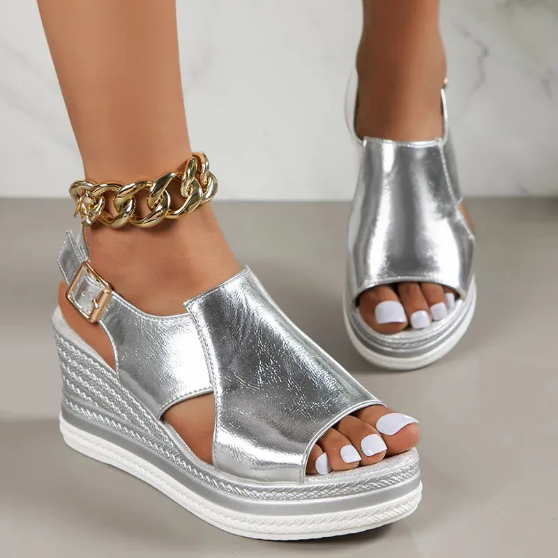 AMOZAE- - Summer PU Leather Wedge Sandals Gold & Silver, Peep Toe Platform