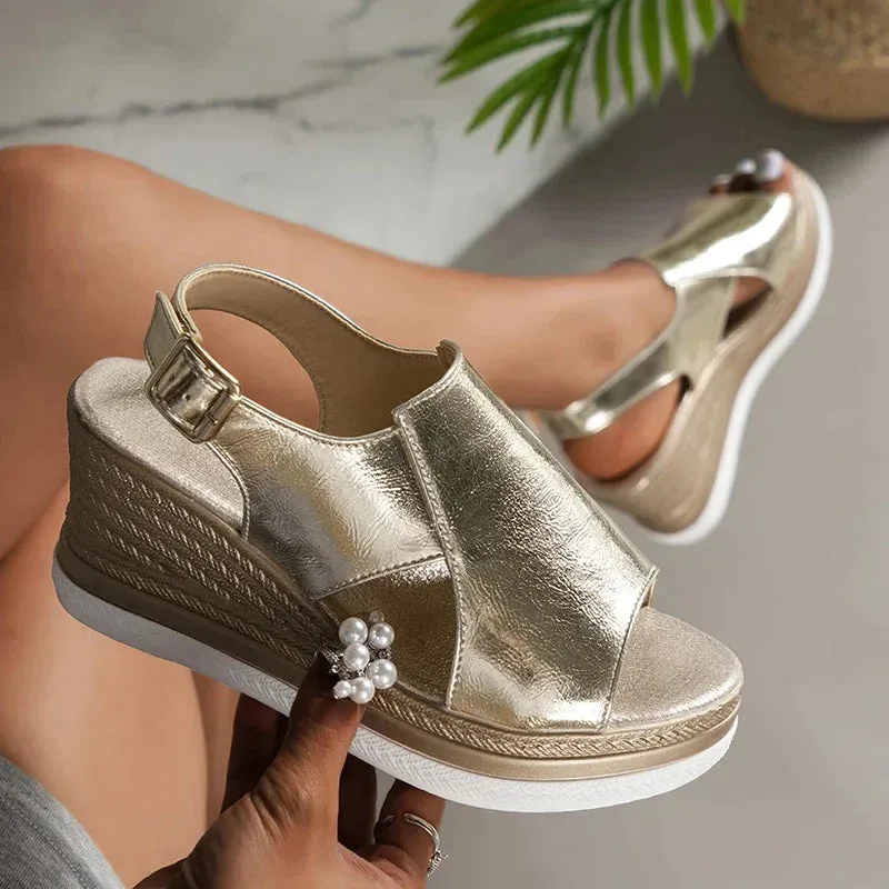 AMOZAE- - Summer PU Leather Wedge Sandals Gold & Silver, Peep Toe Platform