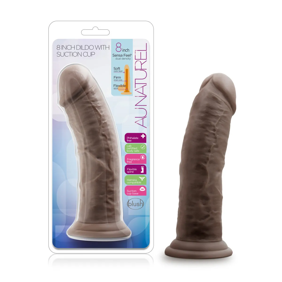 Au Naturel By Blush® | Realistic Chocolate 8-Inch Long Dildo With Suction Cup Base