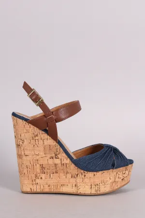 Bamboo Denim Gathered Peep Toe Cork Wedge