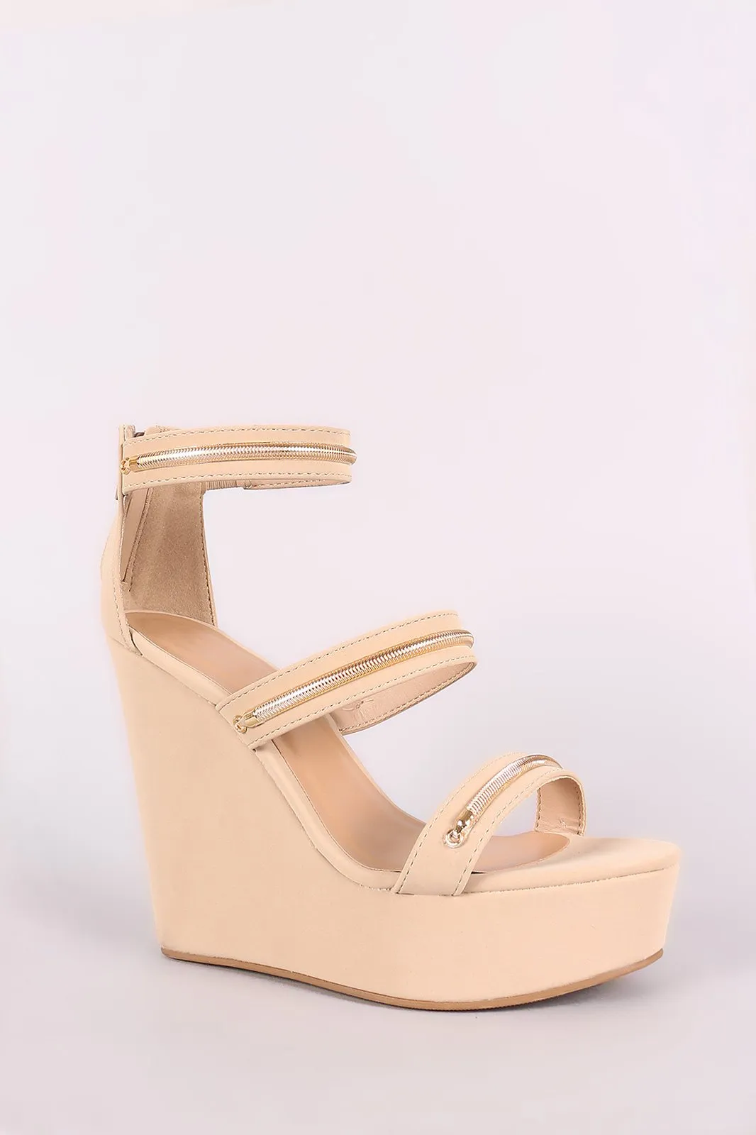 Bamboo Metallic Accent Triple Straps Open Toe Wedge