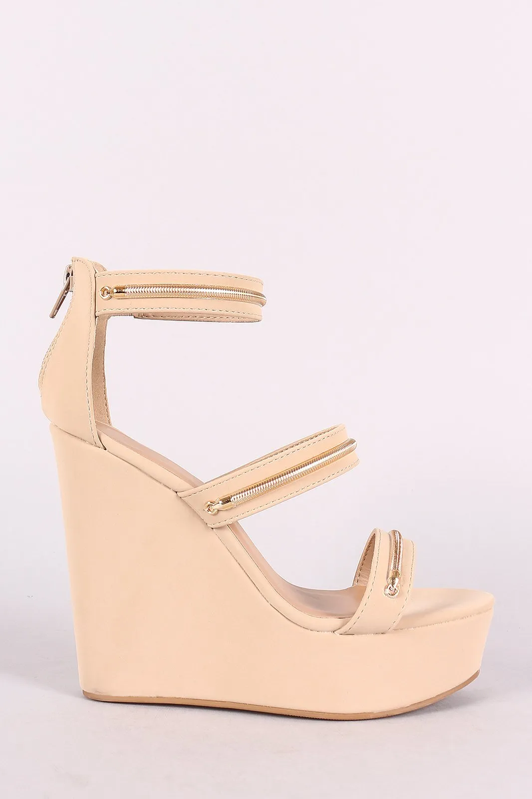 Bamboo Metallic Accent Triple Straps Open Toe Wedge