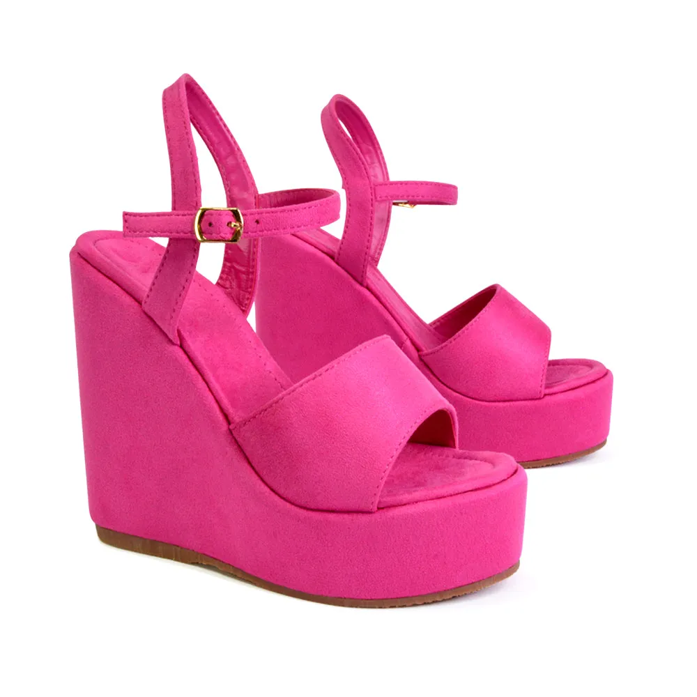 Belinda Wedge High Heel Strappy Platform Heeled Sandals in Fuchsia