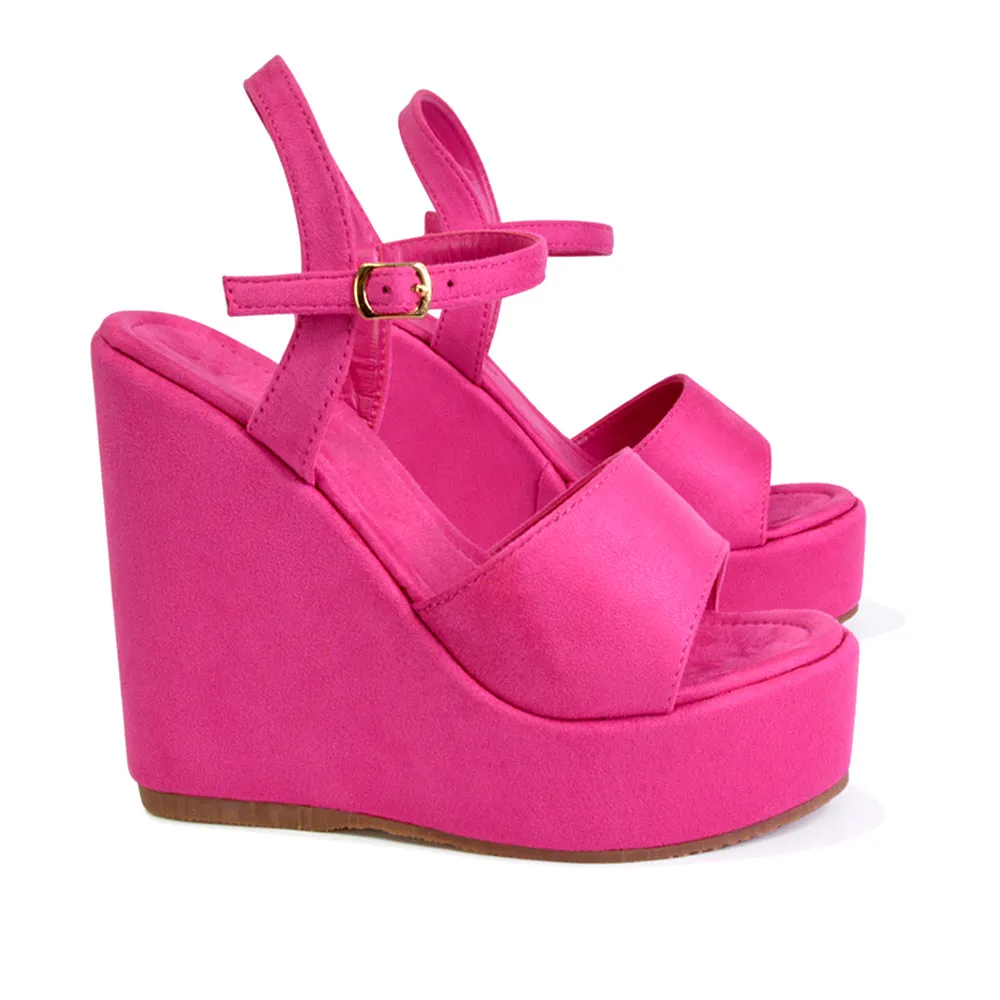 Belinda Wedge High Heel Strappy Platform Heeled Sandals in Fuchsia