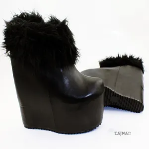 Black Fur Platform Hidden Platform Wedge Boots