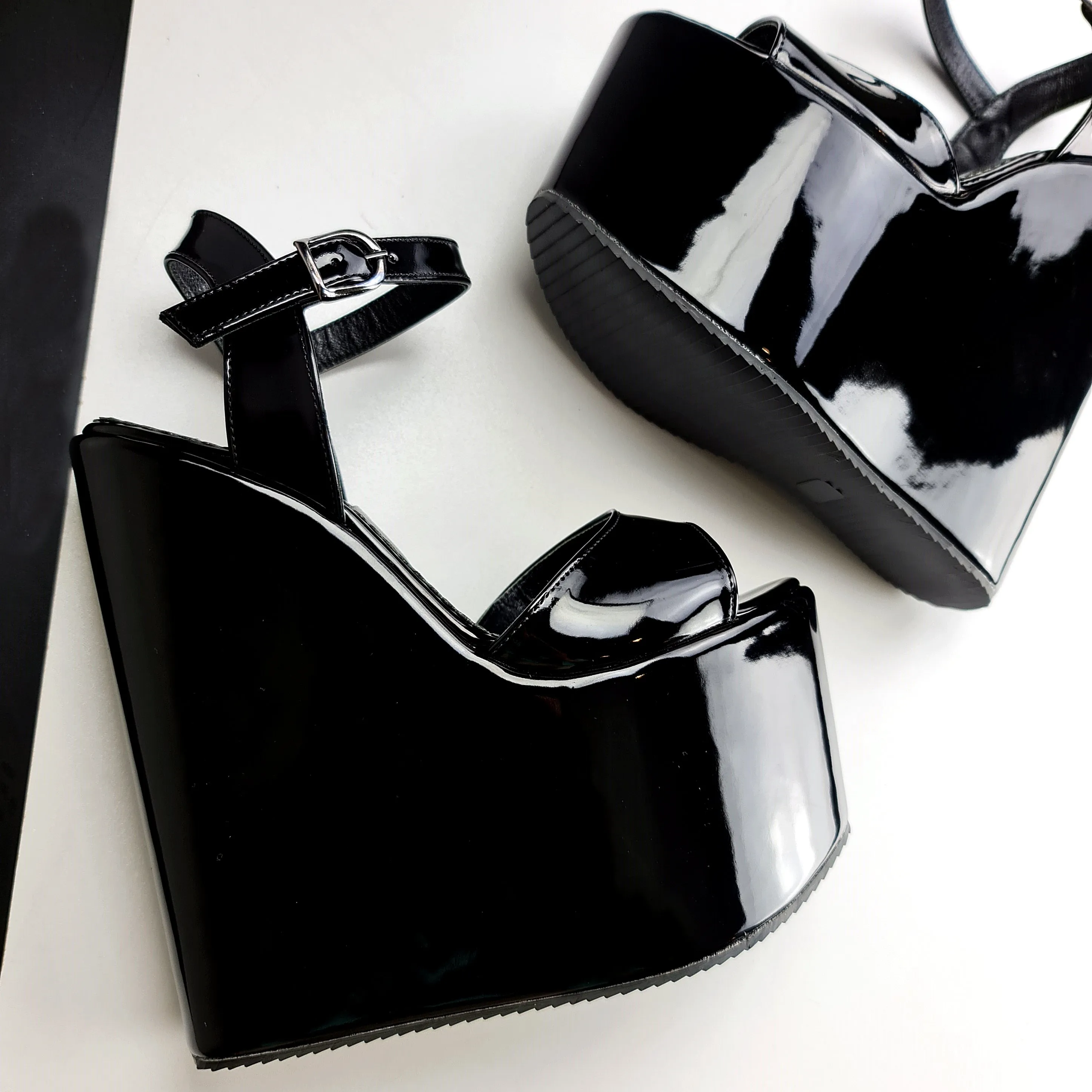 Black Gloss High Heel Wedge Platform Sandals