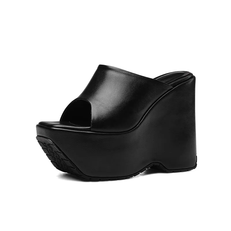 Bree Genuine Leather Open Toe Wedge Mules