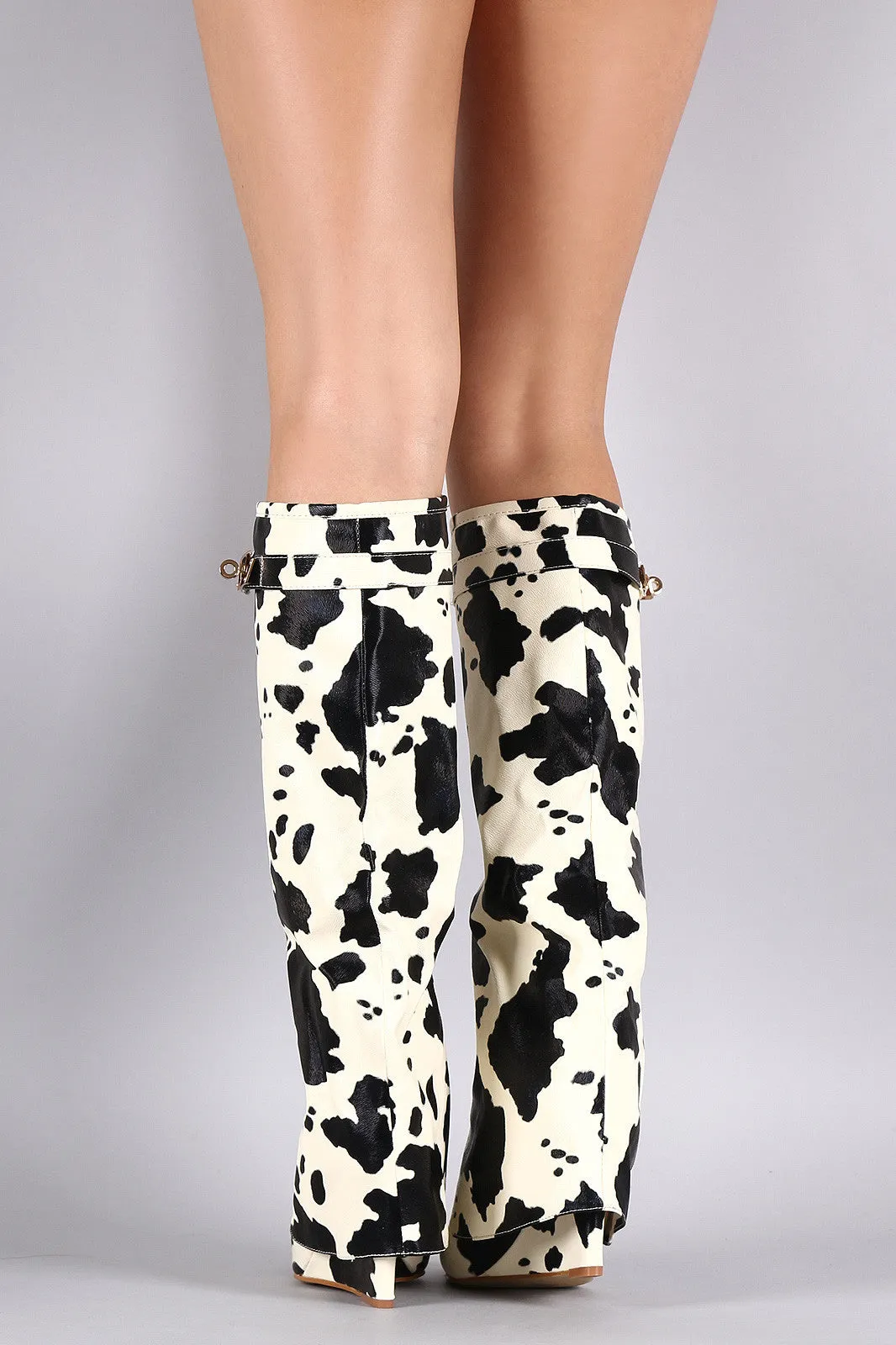 Cow Print Twist-Lock Fold Down Shaft Knee High Wedge Boots