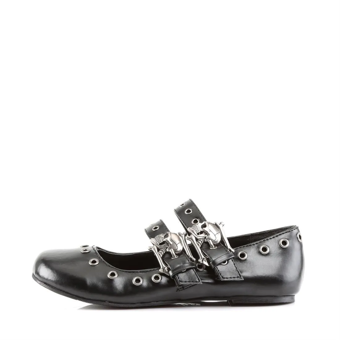 Daisy-03 Black Vegan Leather Skull Buckle Flats