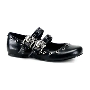 Daisy-03 Black Vegan Leather Skull Buckle Flats