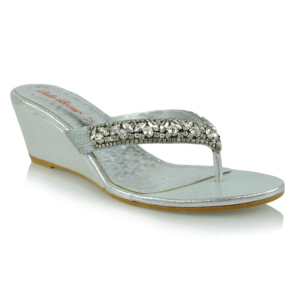 DELILAH TOE POST FRONT DIAMANTE STRAPPY WEDGE LOW MID HEEL THONG SANDALS IN SILVER