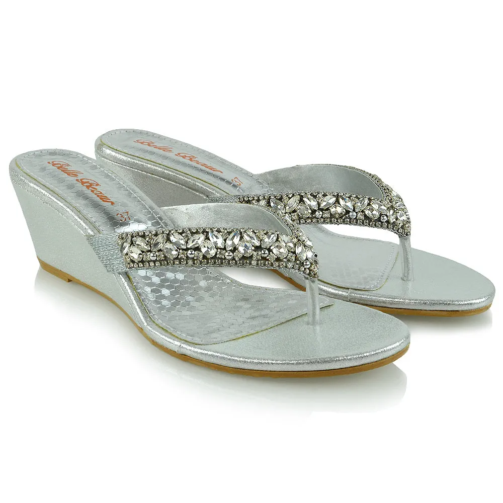 DELILAH TOE POST FRONT DIAMANTE STRAPPY WEDGE LOW MID HEEL THONG SANDALS IN SILVER