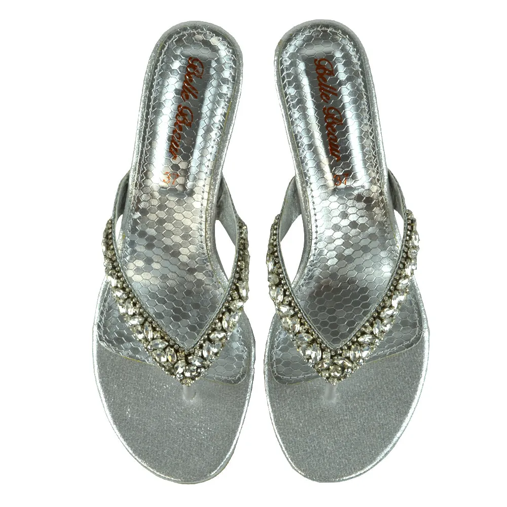 DELILAH TOE POST FRONT DIAMANTE STRAPPY WEDGE LOW MID HEEL THONG SANDALS IN SILVER