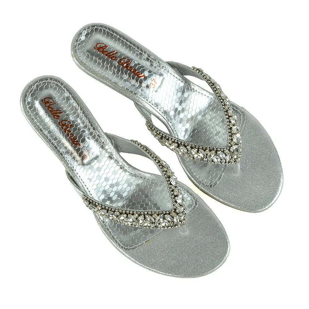 DELILAH TOE POST FRONT DIAMANTE STRAPPY WEDGE LOW MID HEEL THONG SANDALS IN SILVER