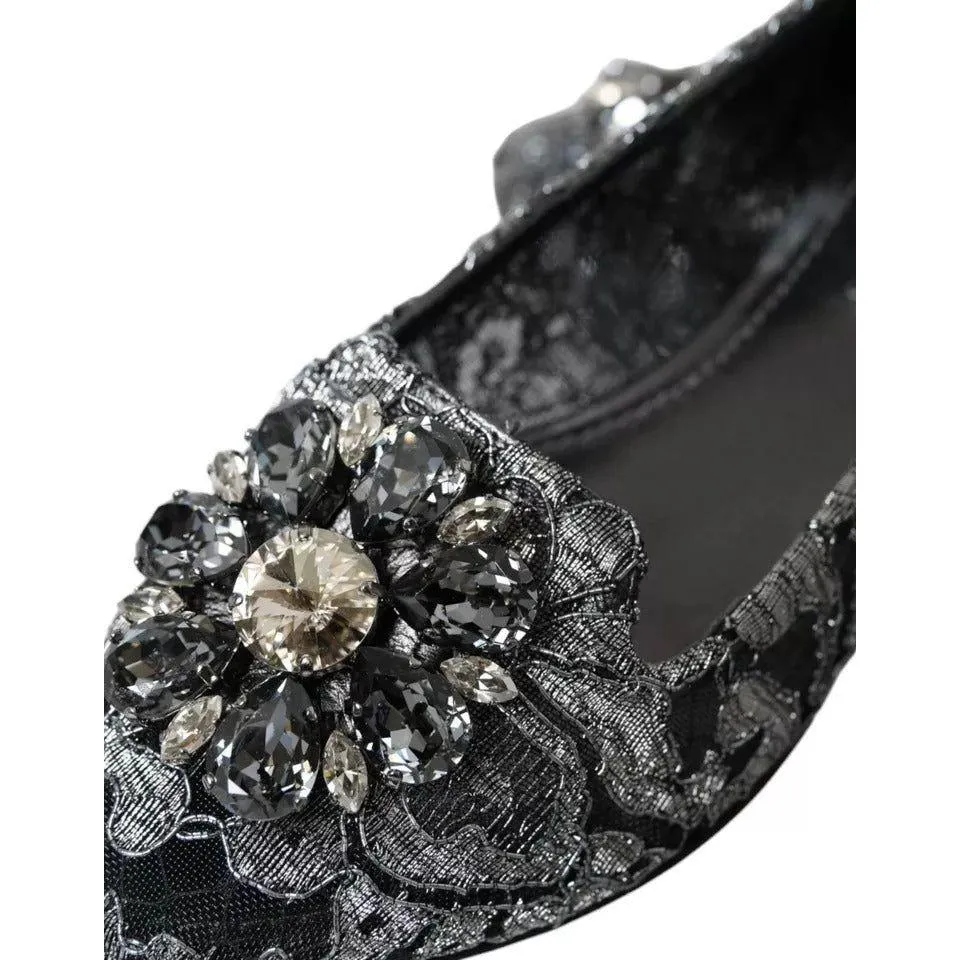 Dolce & Gabbana Gray Black Lace Crystal Ballet Loafers Shoes