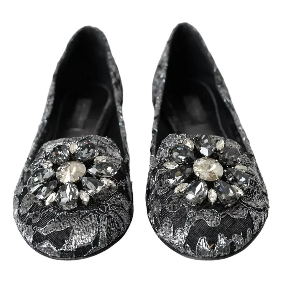 Dolce & Gabbana Gray Black Lace Crystal Ballet Loafers Shoes