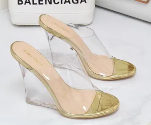 Eva - Gold Perspex Clear Wedge Heels