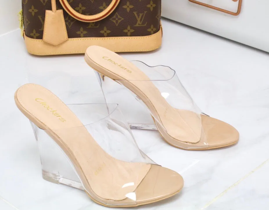 Eva - Nude Perspex Clear Wedge Heels