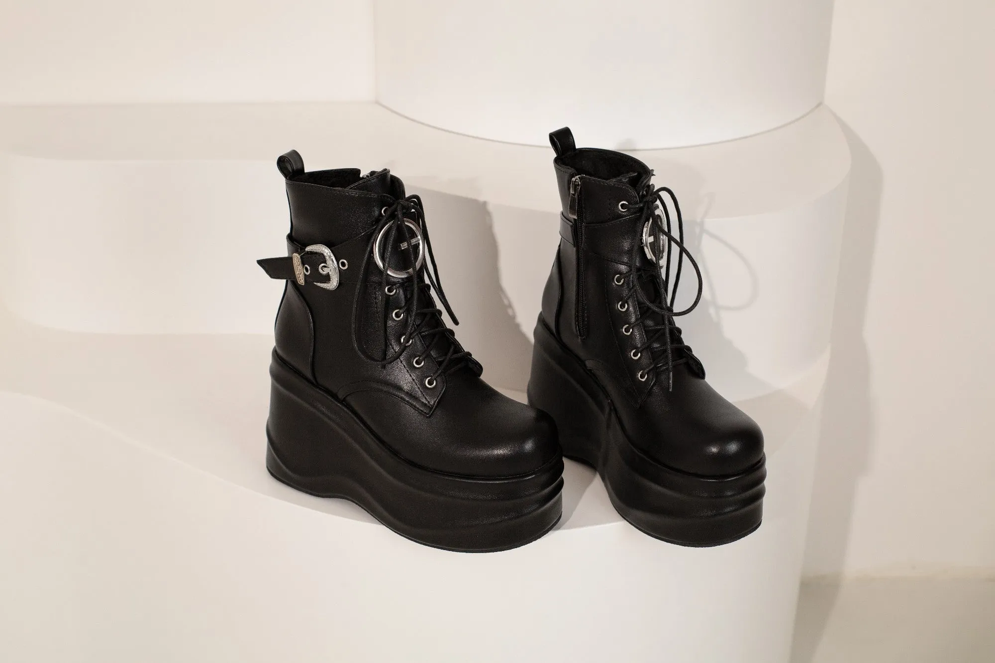 Gothic Platform Ankle Boots Wedge Heels with Lace-up