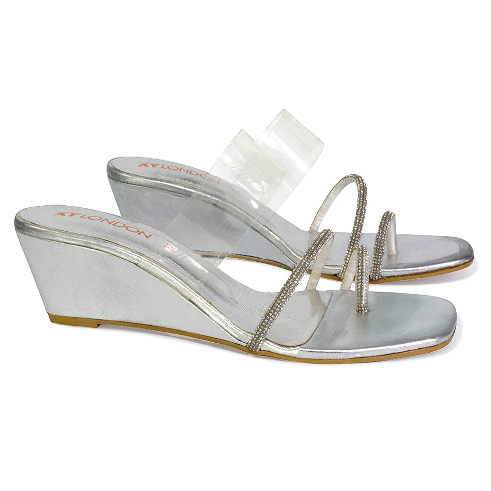 Hayes Perspex Strappy Toe Post Diamante Wedge Heel Sandals in Gold