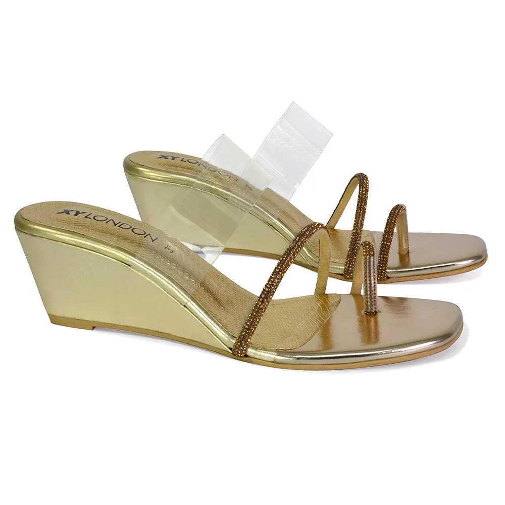 Hayes Perspex Strappy Toe Post Diamante Wedge Heel Sandals in Gold