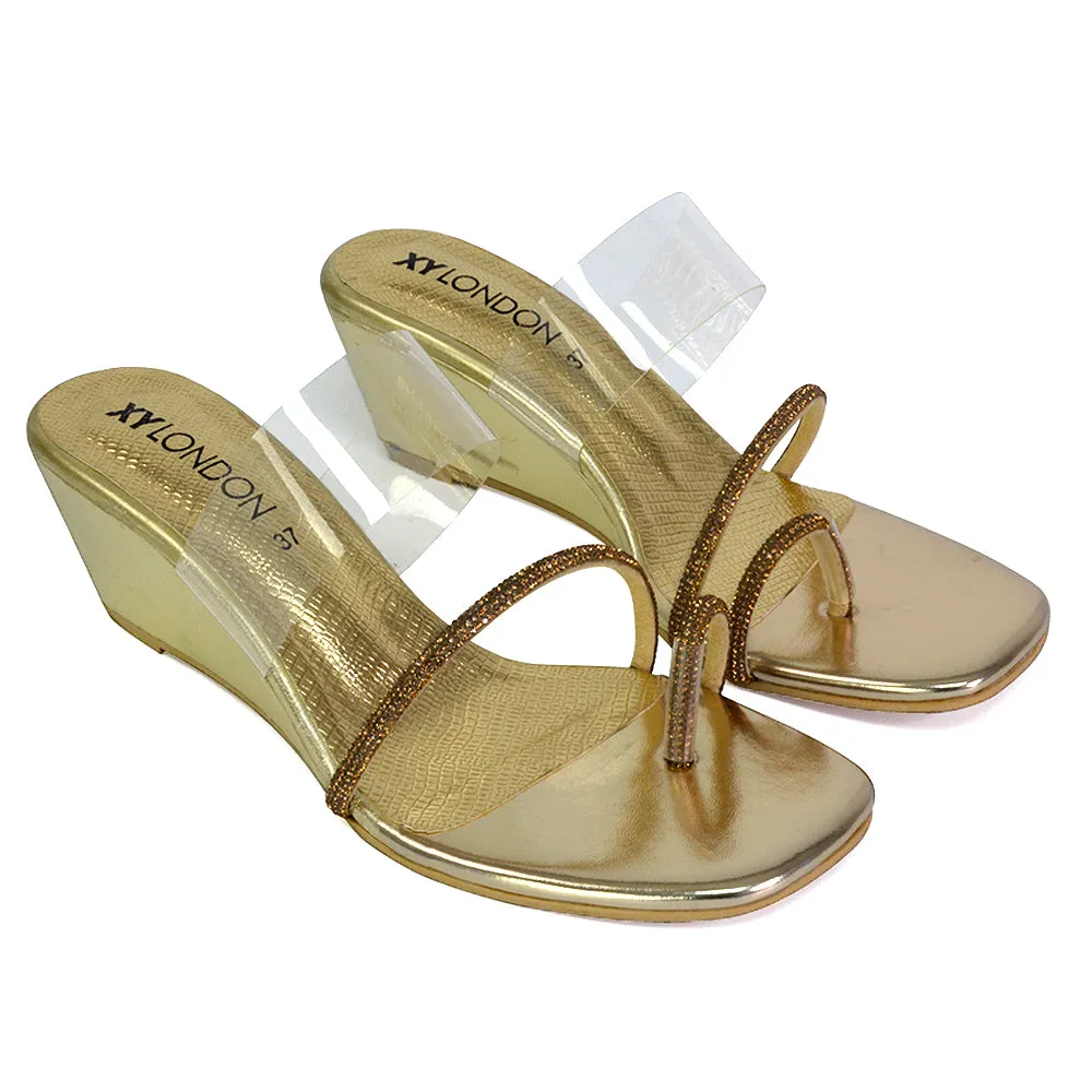 Hayes Perspex Strappy Toe Post Diamante Wedge Heel Sandals in Gold