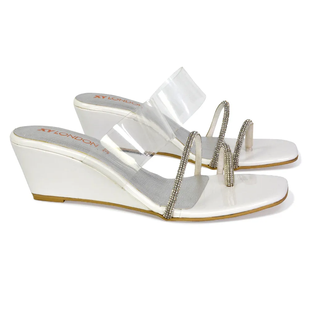 Hayes Perspex Strappy Toe Post Diamante Wedge Heel Sandals in Gold