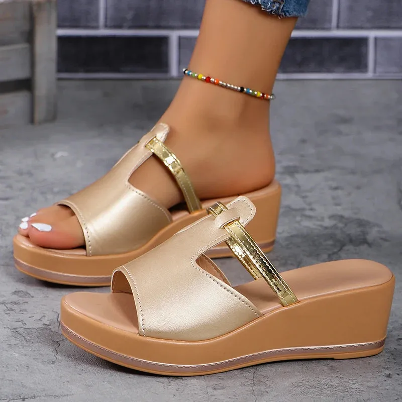 Hnzxzm Peep Toe Wedge Slides Women 2024 Summer T-Strap Platform Slippers Woman Pu Leather High Heels Sandals Mujer Non-Slip Beach Shoes