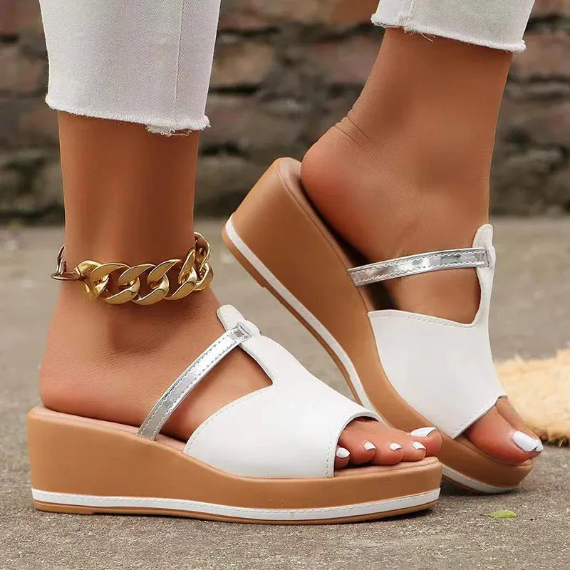 Hnzxzm Peep Toe Wedge Slides Women 2024 Summer T-Strap Platform Slippers Woman Pu Leather High Heels Sandals Mujer Non-Slip Beach Shoes