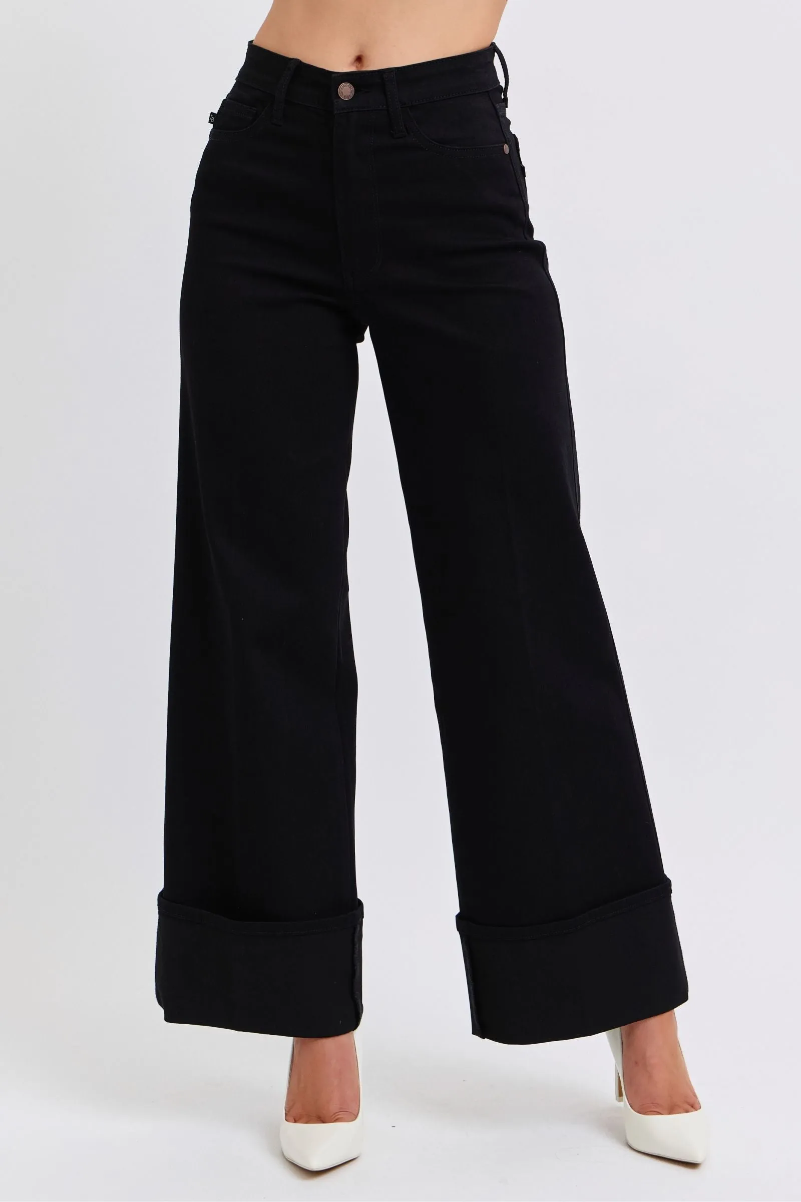 Judy Blue Reg/Plus High Waist Black Retro Cuffed Wide Leg Jeans