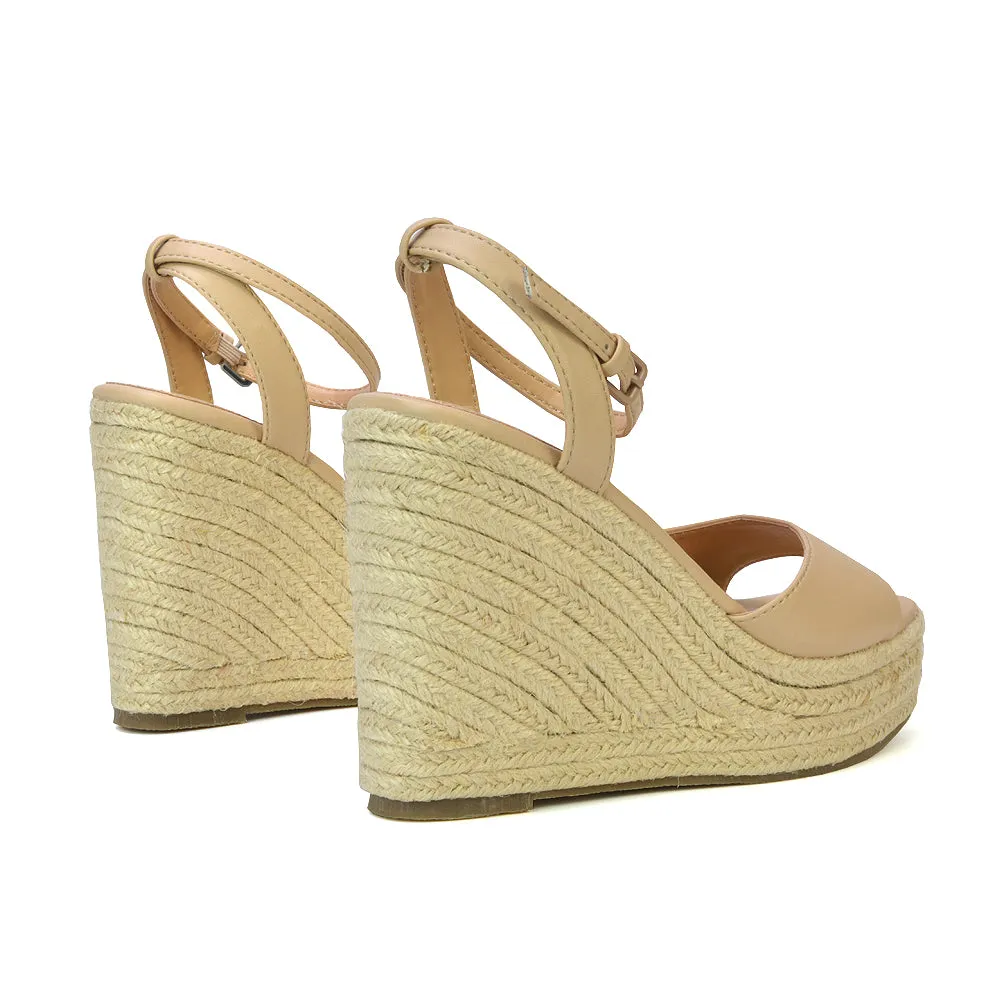 Kassie Square Toe Espadrille Platform Wedge Heel Sandals With Ankle Strap in White