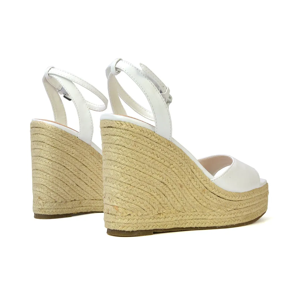 Kassie Square Toe Espadrille Platform Wedge Heel Sandals With Ankle Strap in White