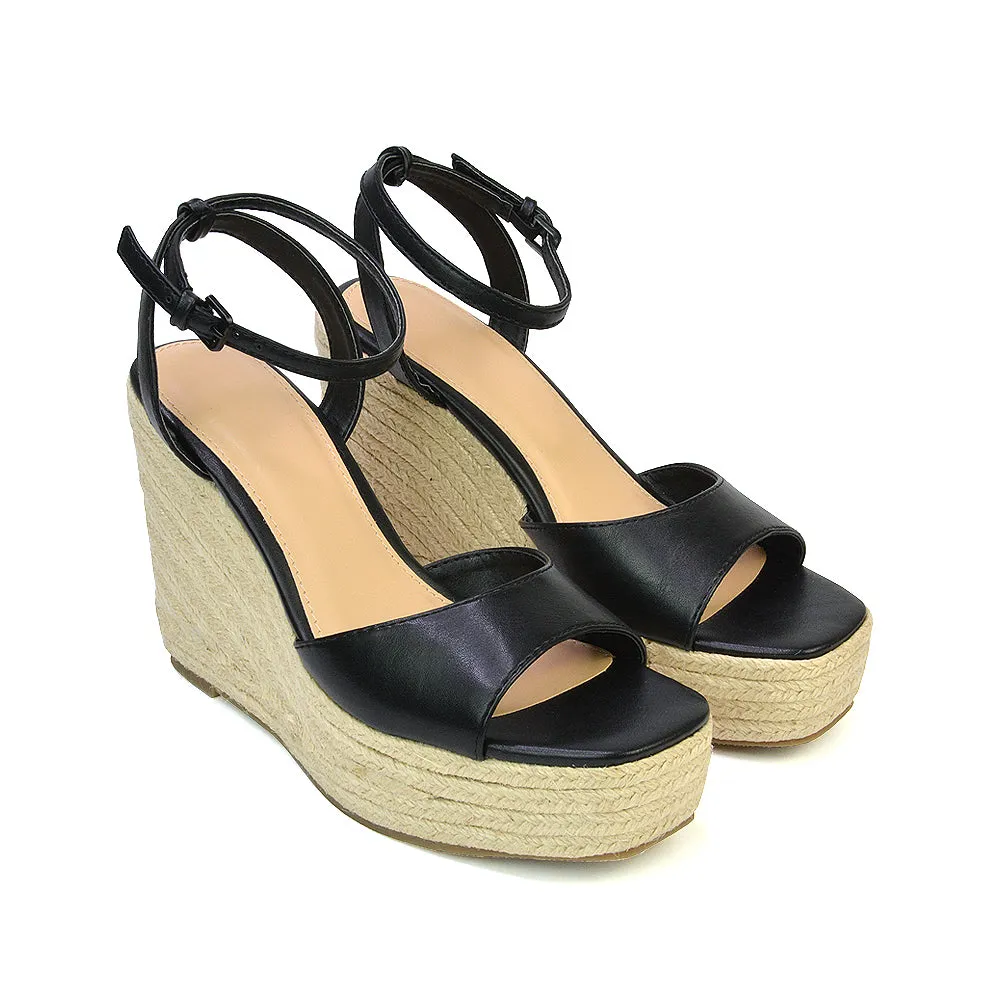 Kassie Square Toe Espadrille Platform Wedge Heel Sandals With Ankle Strap in White