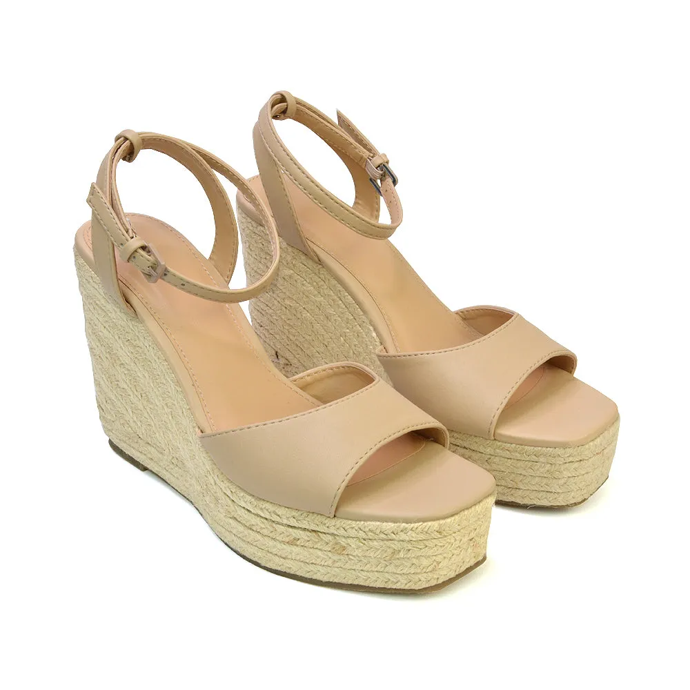 Kassie Square Toe Espadrille Platform Wedge Heel Sandals With Ankle Strap in White