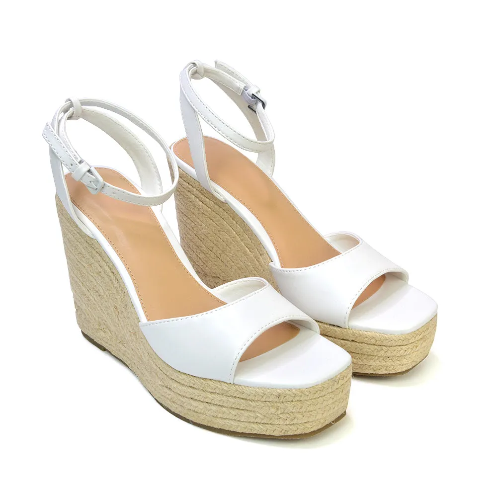 Kassie Square Toe Espadrille Platform Wedge Heel Sandals With Ankle Strap in White