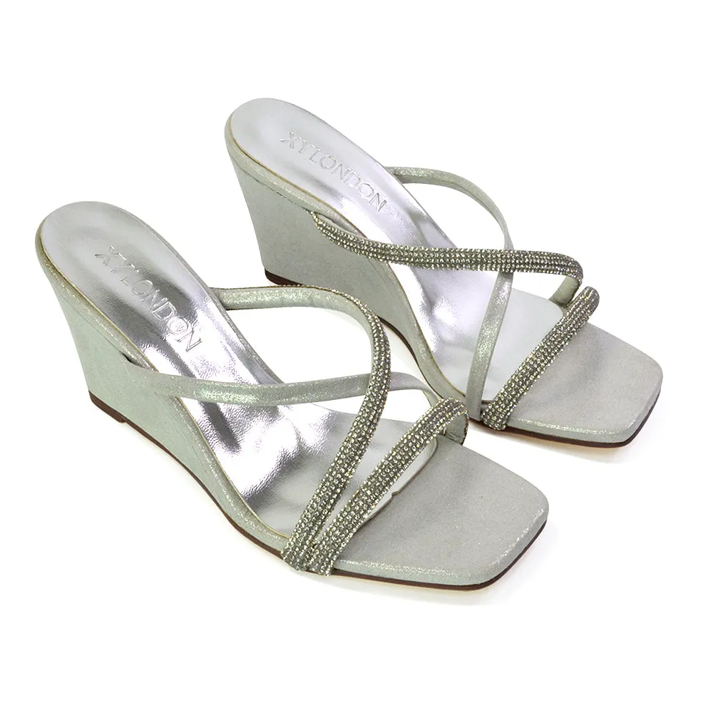 Kinsley Slip on Heeled Mules Diamante Strappy Square Toe Sandal Wedge Heel in Green