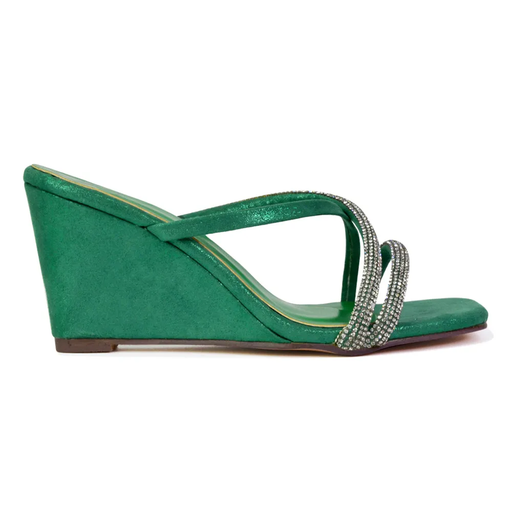 Kinsley Slip on Heeled Mules Diamante Strappy Square Toe Sandal Wedge Heel in Green