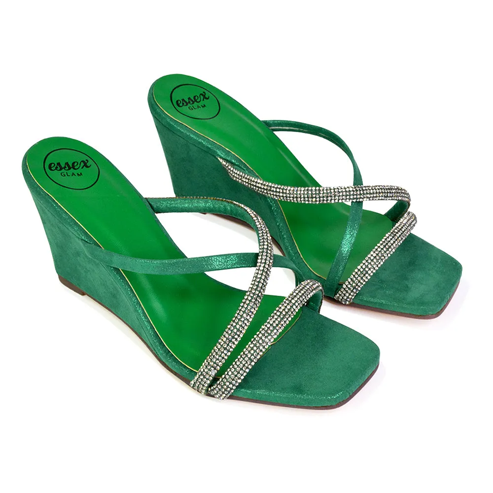 Kinsley Slip on Heeled Mules Diamante Strappy Square Toe Sandal Wedge Heel in Green