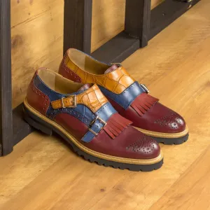 Ladies' Kiltie Monk Strap-Painted Croco, Painted Calf, Box Calf, Navy, Brown, Red, Blue, Burgundy-Wholesale