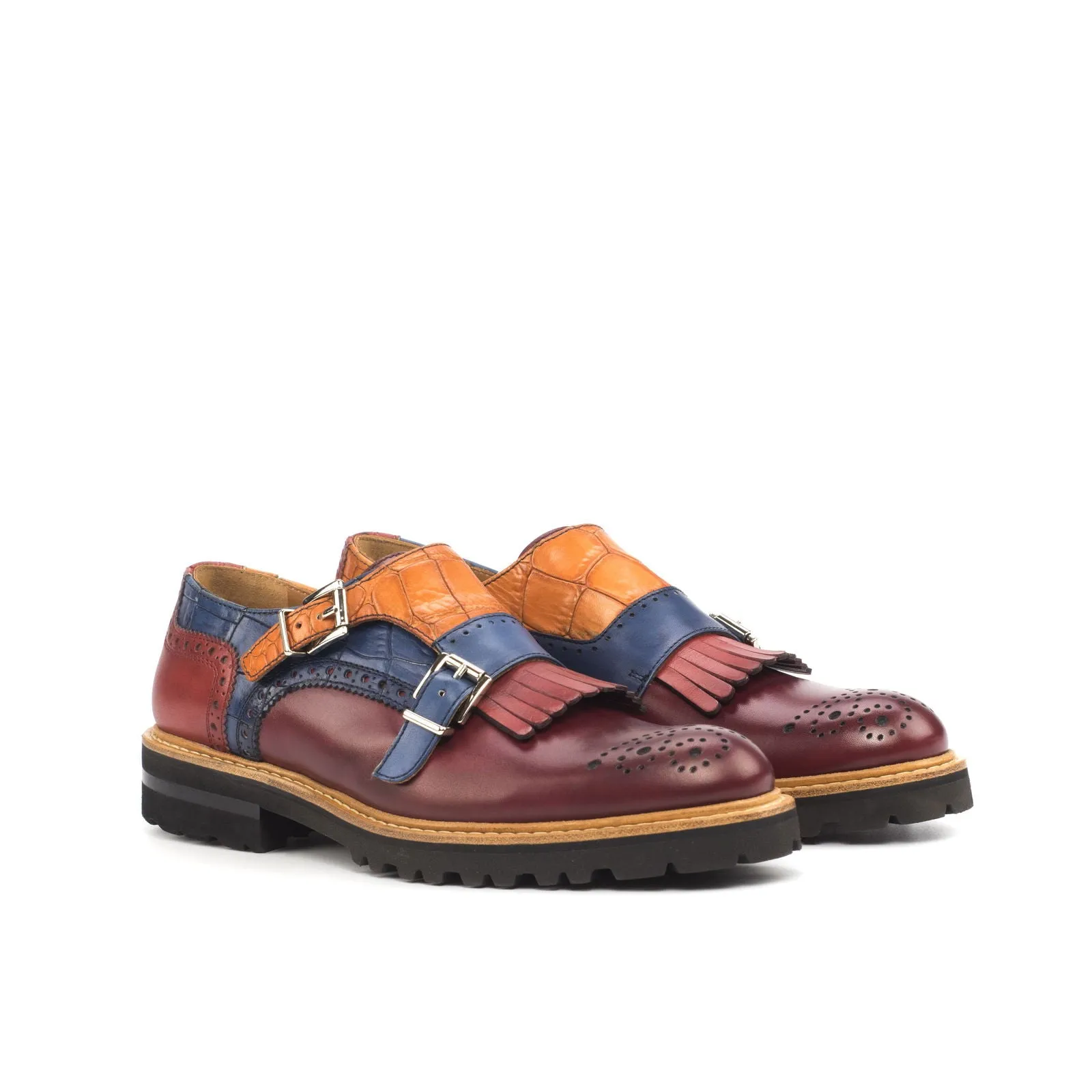 Ladies' Kiltie Monk Strap-Painted Croco, Painted Calf, Box Calf, Navy, Brown, Red, Blue, Burgundy-Wholesale