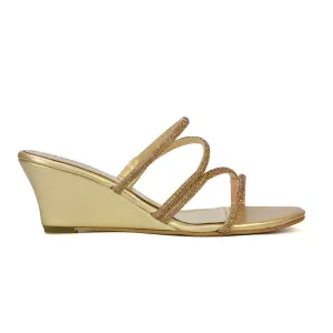 Lilliana Slip On Strappy Diamante Wedge Heel Summer Sandals in Gold