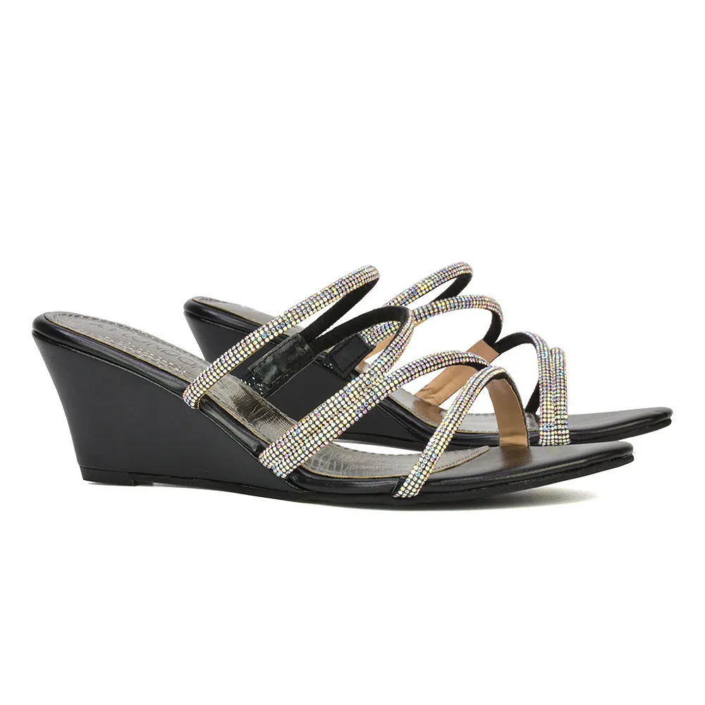 Lilliana Slip On Strappy Diamante Wedge Heel Summer Sandals in Gold