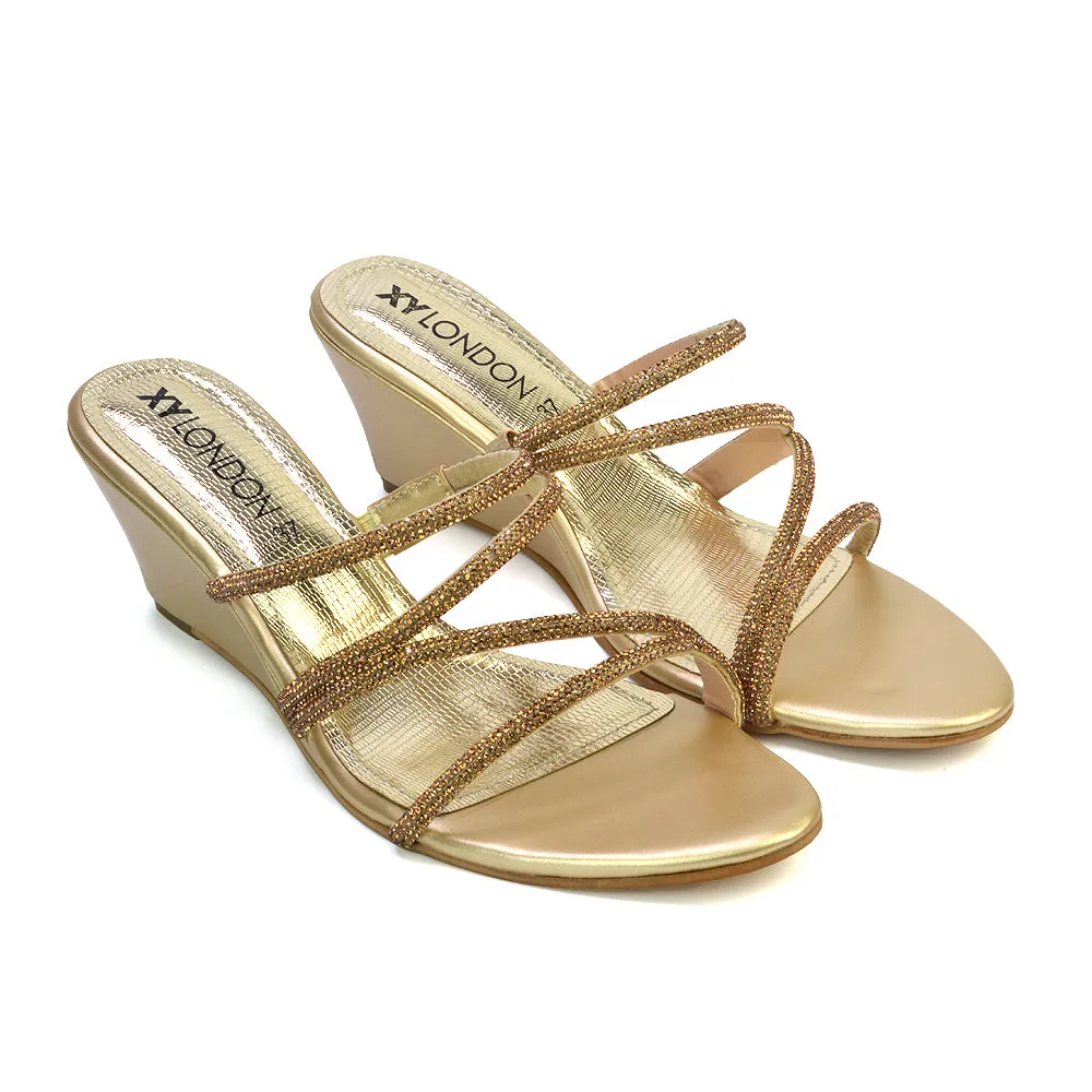 Lilliana Slip On Strappy Diamante Wedge Heel Summer Sandals in Gold