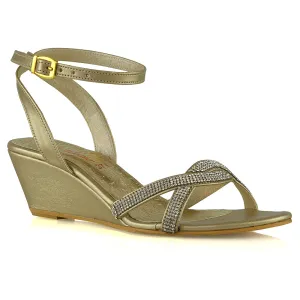 Livvy Diamante Embellished Low Heel Cross Over Strappy Wedge Sandals in Gold