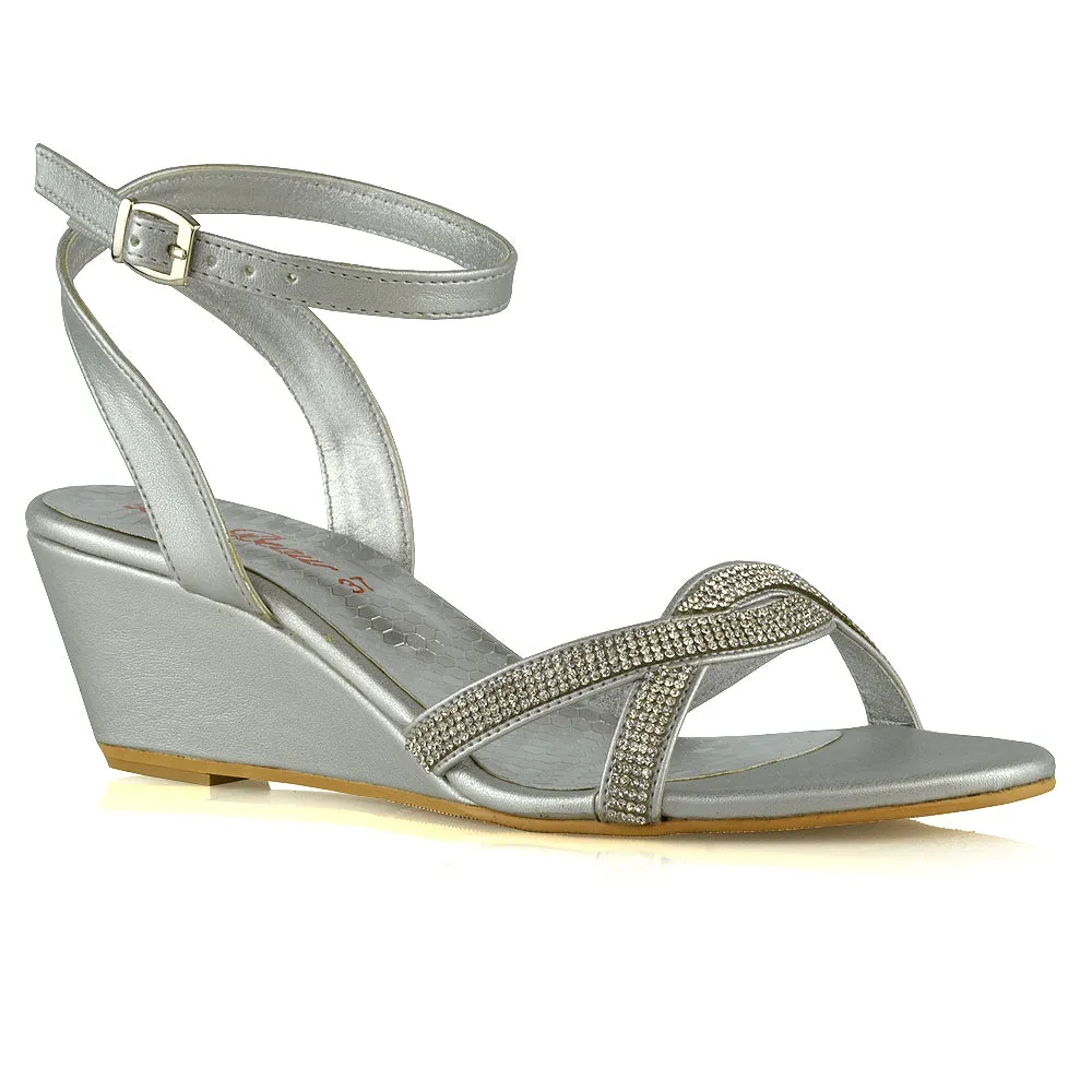 Livvy Diamante Embellished Low Heel Cross Over Strappy Wedge Sandals in Gold