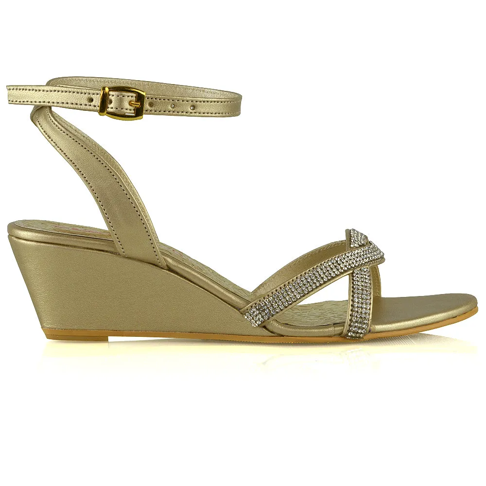 Livvy Diamante Embellished Low Heel Cross Over Strappy Wedge Sandals in Gold