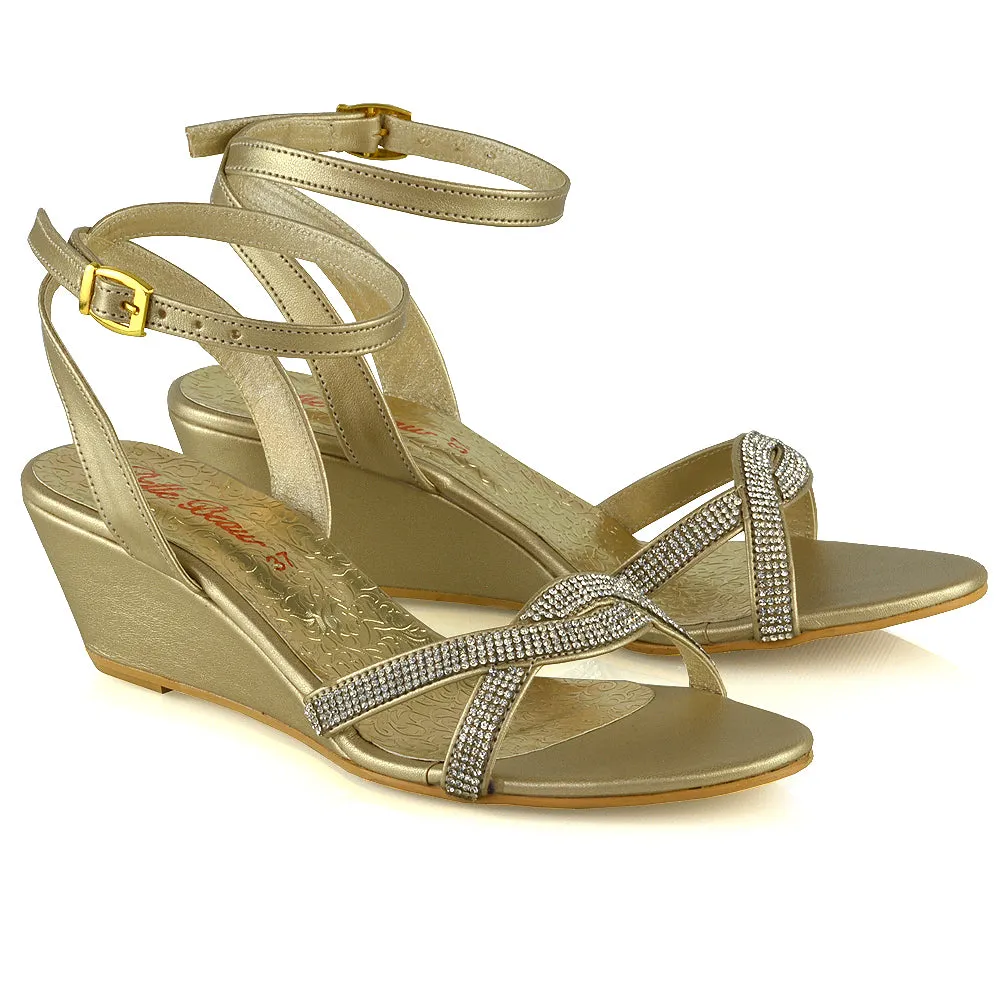 Livvy Diamante Embellished Low Heel Cross Over Strappy Wedge Sandals in Gold