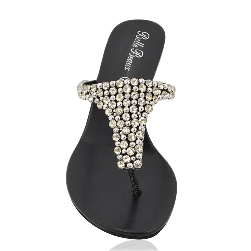 Logan Diamante Embellished Sparkly Statement Strappy Toe Post Thong Wedge Sandal High Heels in Black