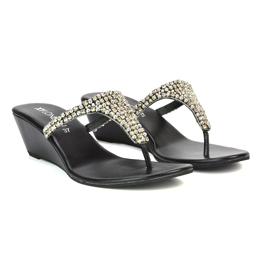 Logan Diamante Embellished Sparkly Statement Strappy Toe Post Thong Wedge Sandal High Heels in Black