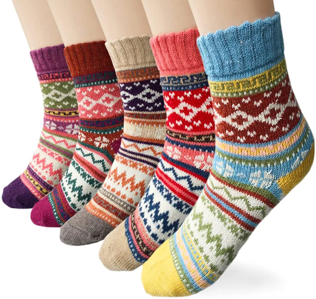 Loritta 5 Pairs Womens Wool Socks Thick Knit Vintage Winter Warm Cozy Crew Socks Gifts